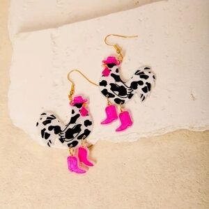 Playful Rooster Earrings Chicken Western Hat